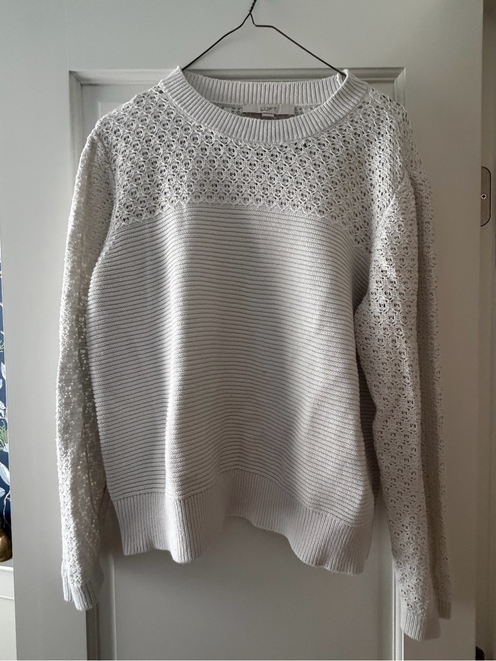 LOFT Cream Openwork Yoke Knit Crewneck Sweater